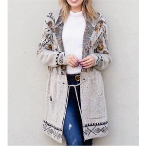 Size M/L And The Why Aztec Printed Hoodie Cardigan With Tie